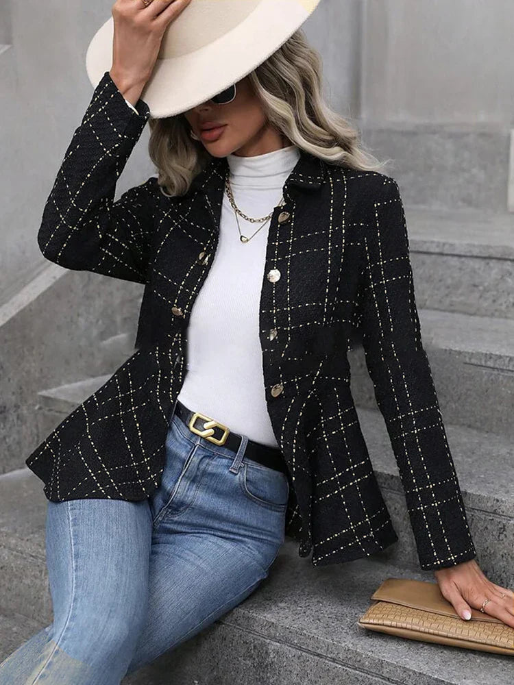 Fitted Peplum Blazer with Herringbone Pattern for Women | Blazers