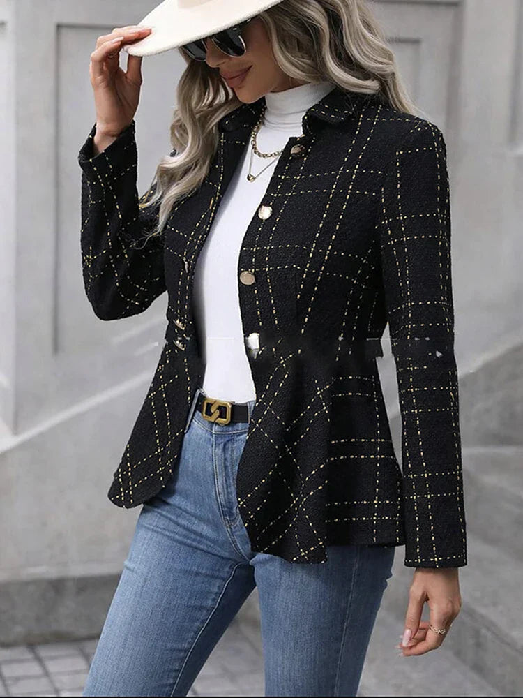 Fitted Peplum Blazer with Herringbone Pattern for Women | Blazers