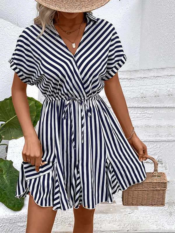 Casual Striped Dress with Flattering V-Neck and Tie Waist