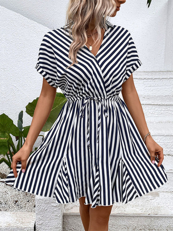 Casual Striped Dress with Flattering V-Neck and Tie Waist | Mini Dresses