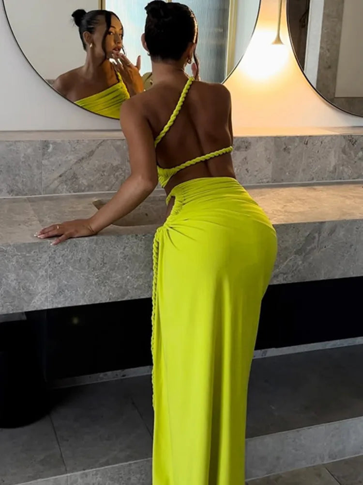 Lemon Party Outfit - Asymmetric Top with Ruched Skirt | Elegant Dresses