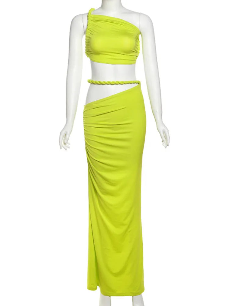 Lemon Party Outfit - Asymmetric Top with Ruched Skirt | Elegant Dresses