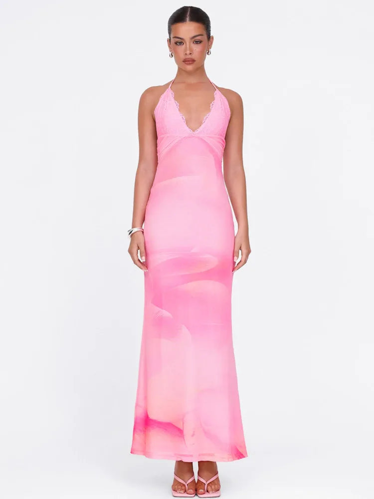 Deep V-neck Pink Evening Gown for Formal Events | Elegant Dresses