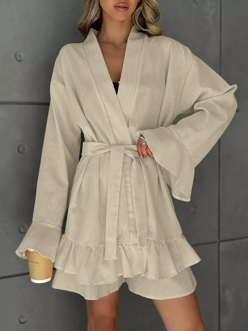 Women's Cotton Set with Ruffle Accents and Belted Robe | Matching Sets