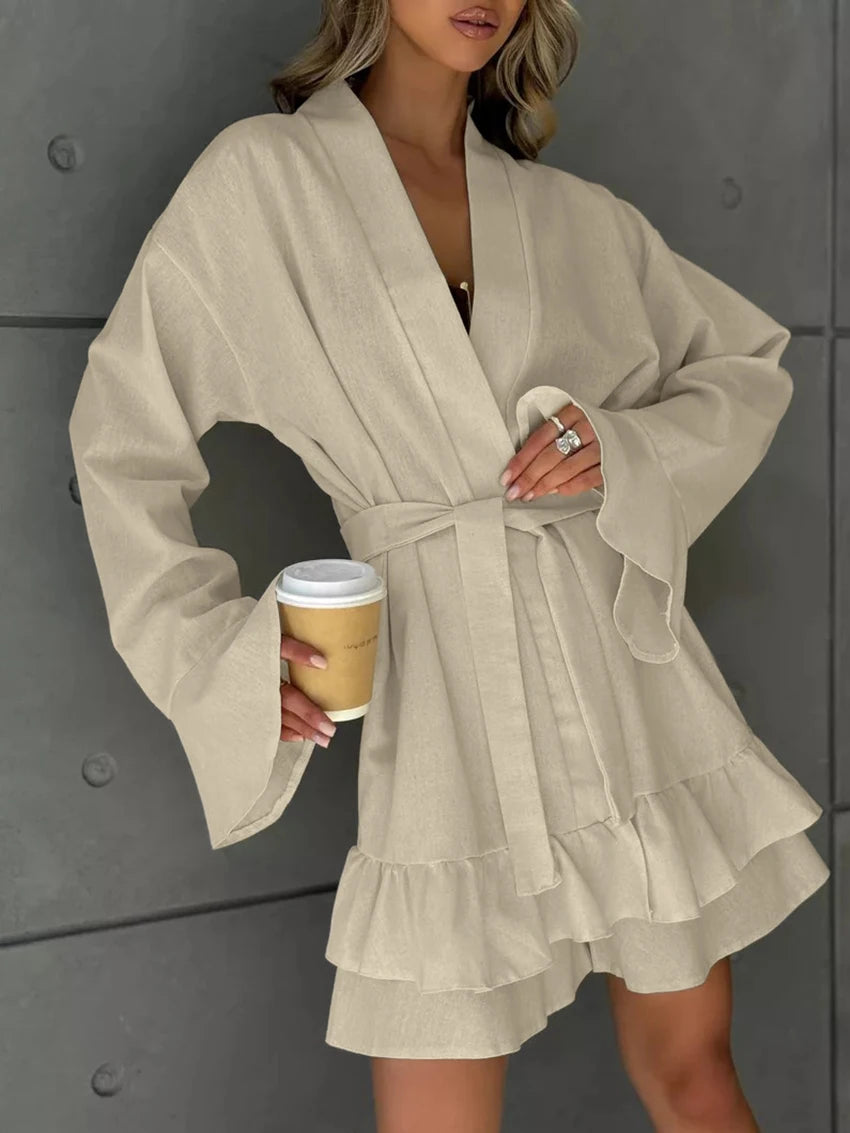 Women's Cotton Set with Ruffle Accents and Belted Robe | Matching Sets