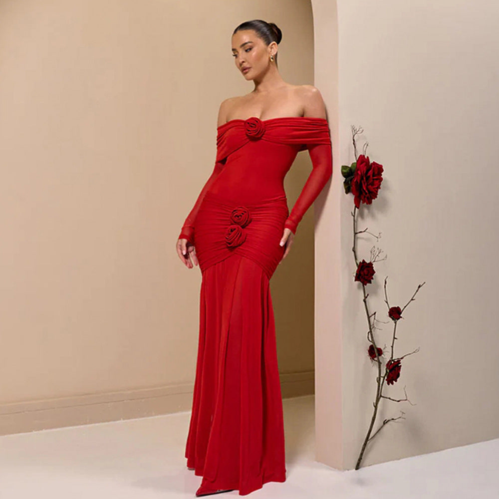 Fashion Off-shoulder Pleated Dress Flower Dress Elegant Dresses