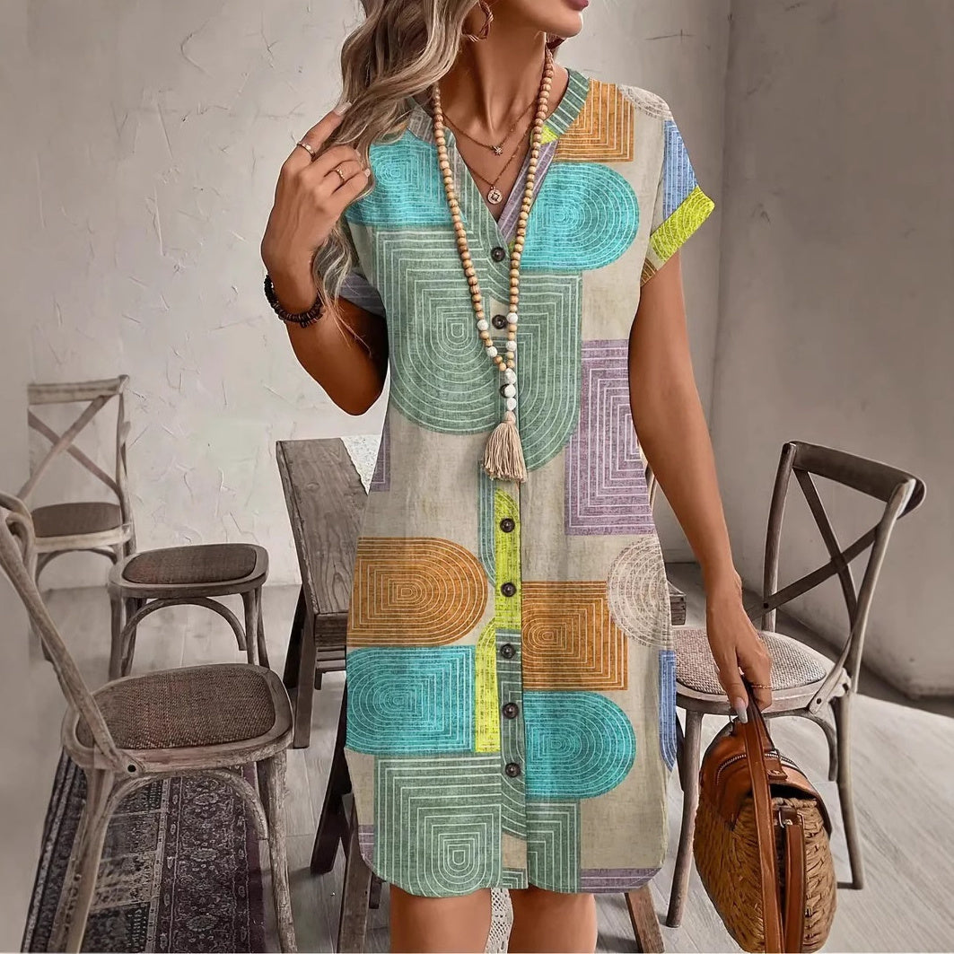 Geometric Print Linen Dress for Summer and Spring