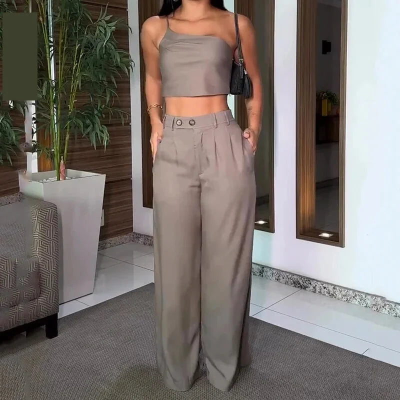 Trendy Spring Business Attire with One-Shoulder Crop Top Set