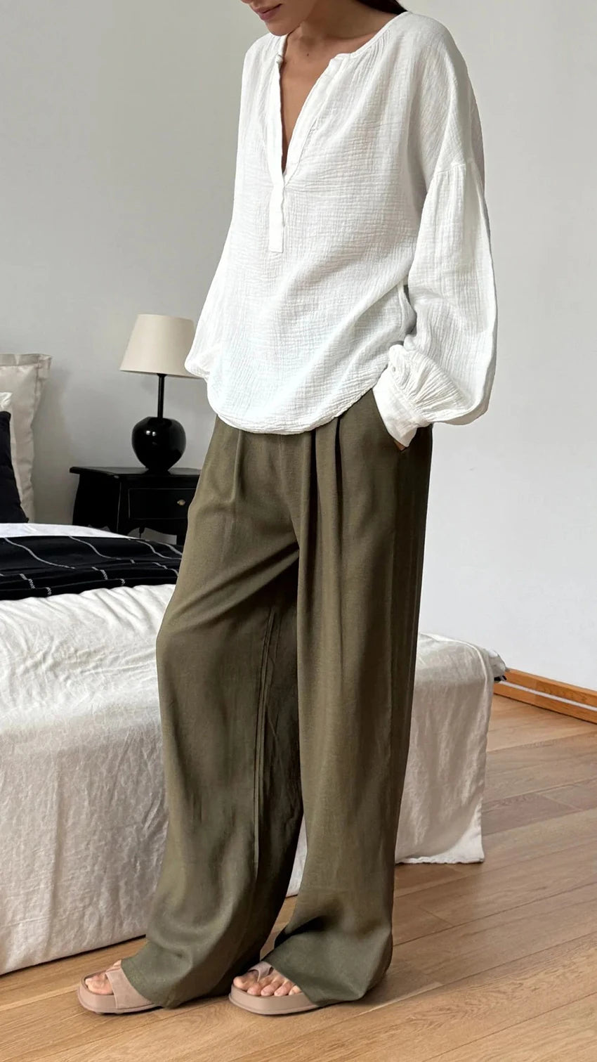 Casual Henley Neck Blouse with Drop Shoulders in Cotton | Dresses