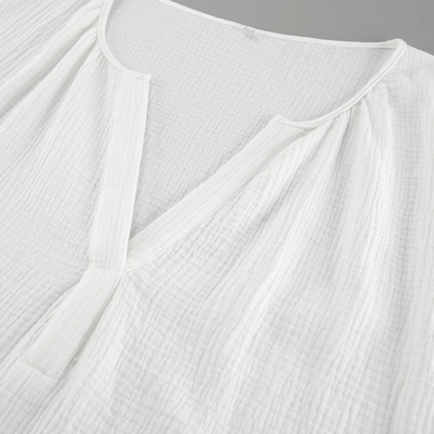 Casual Henley Neck Blouse with Drop Shoulders in Cotton | Dresses