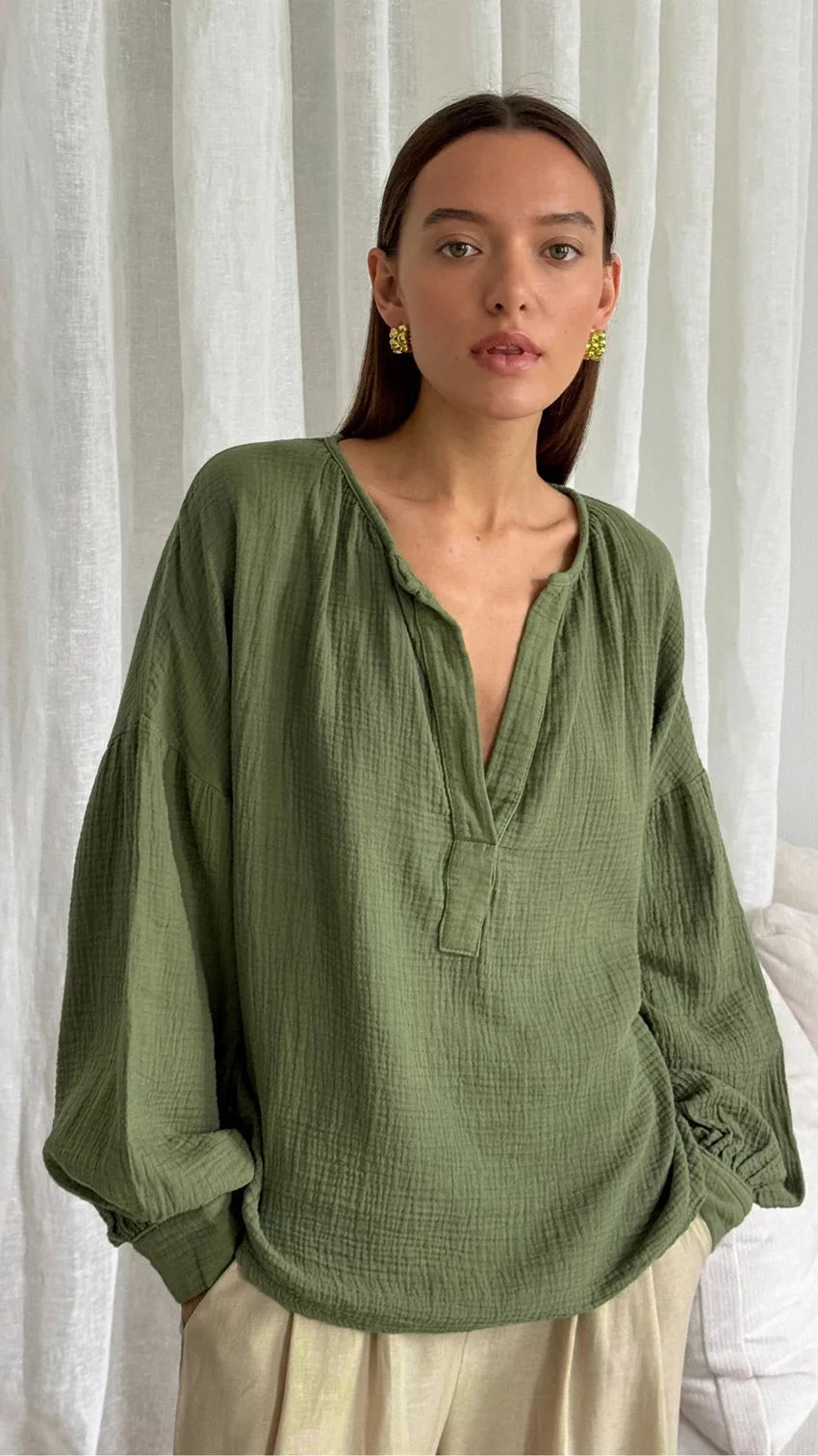 Casual Henley Neck Blouse with Drop Shoulders in Cotton | Dresses