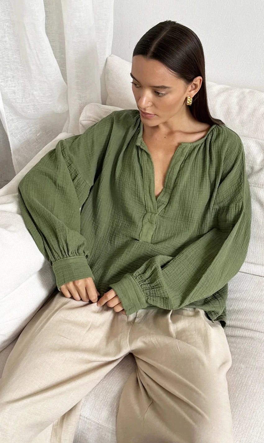 Casual Henley Neck Blouse with Drop Shoulders in Cotton | Dresses