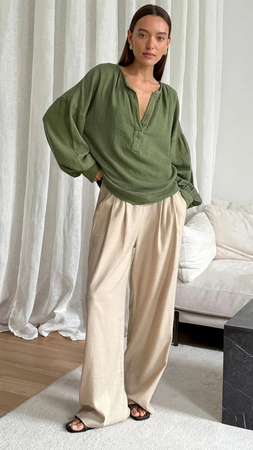 Casual Henley Neck Blouse with Drop Shoulders in Cotton | Dresses