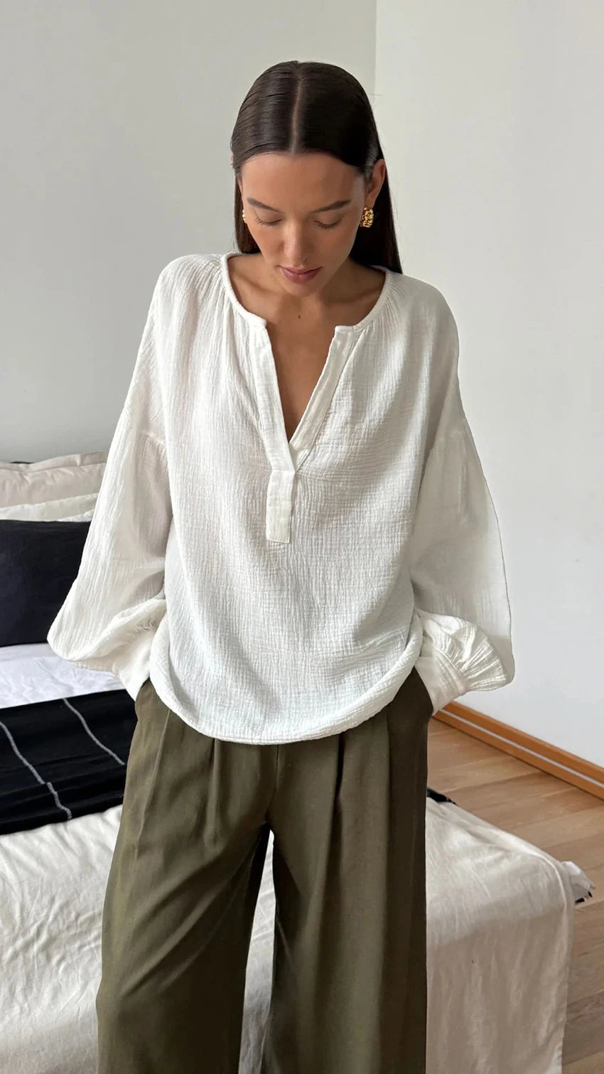 Casual Henley Neck Blouse with Drop Shoulders in Cotton | Dresses