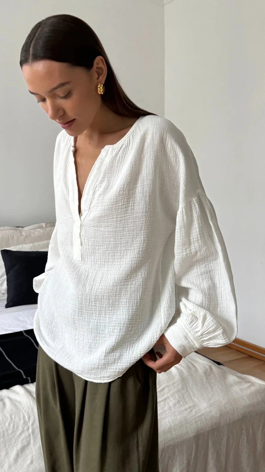 Casual Henley Neck Blouse with Drop Shoulders in Cotton | Dresses