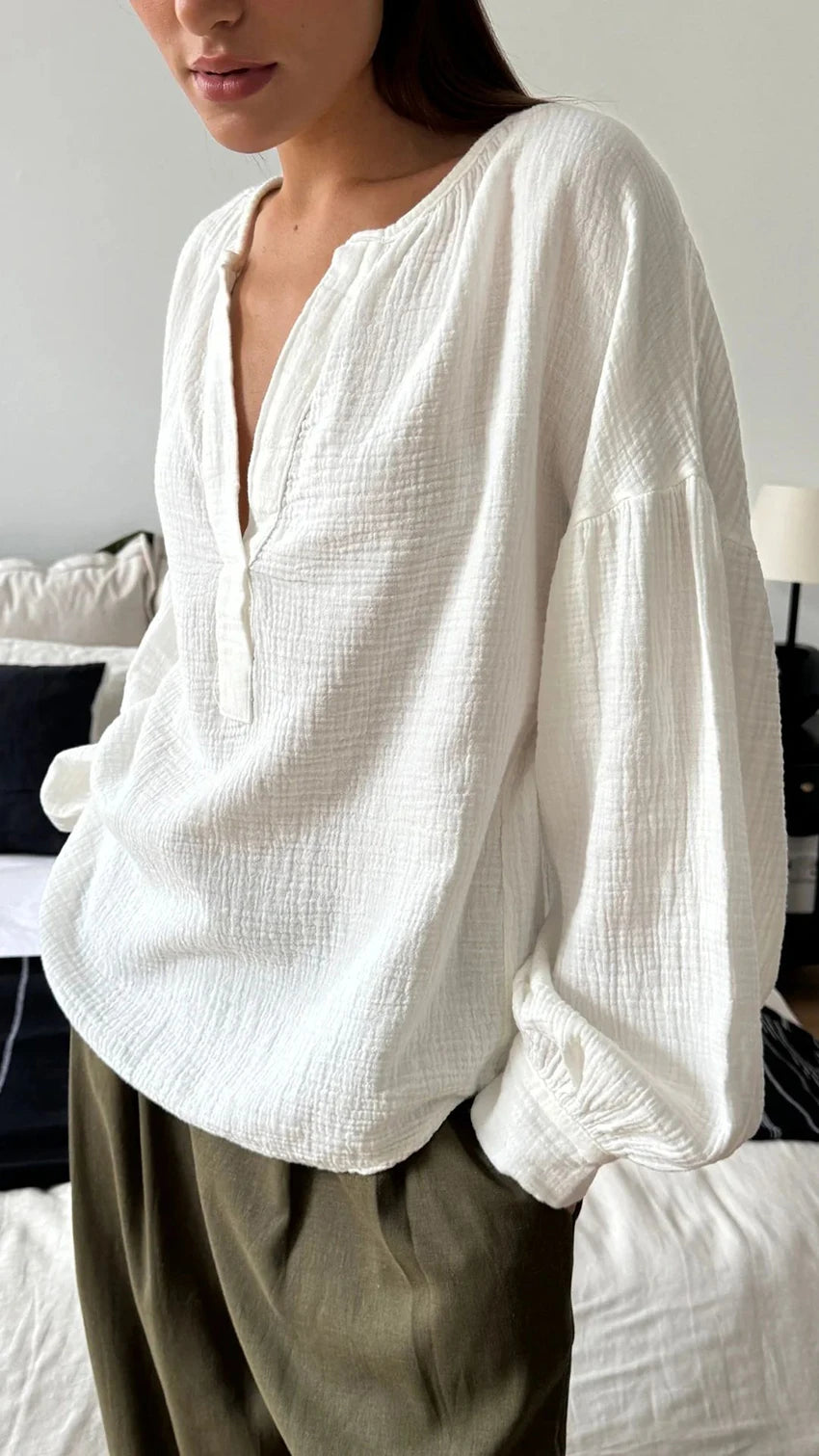 Casual Henley Neck Blouse with Drop Shoulders in Cotton | Dresses