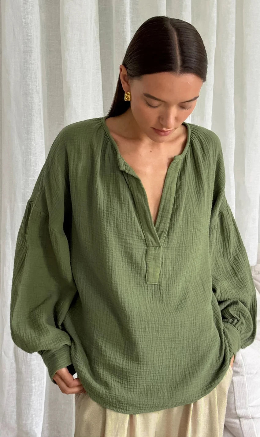 Casual Henley Neck Blouse with Drop Shoulders in Cotton | Dresses