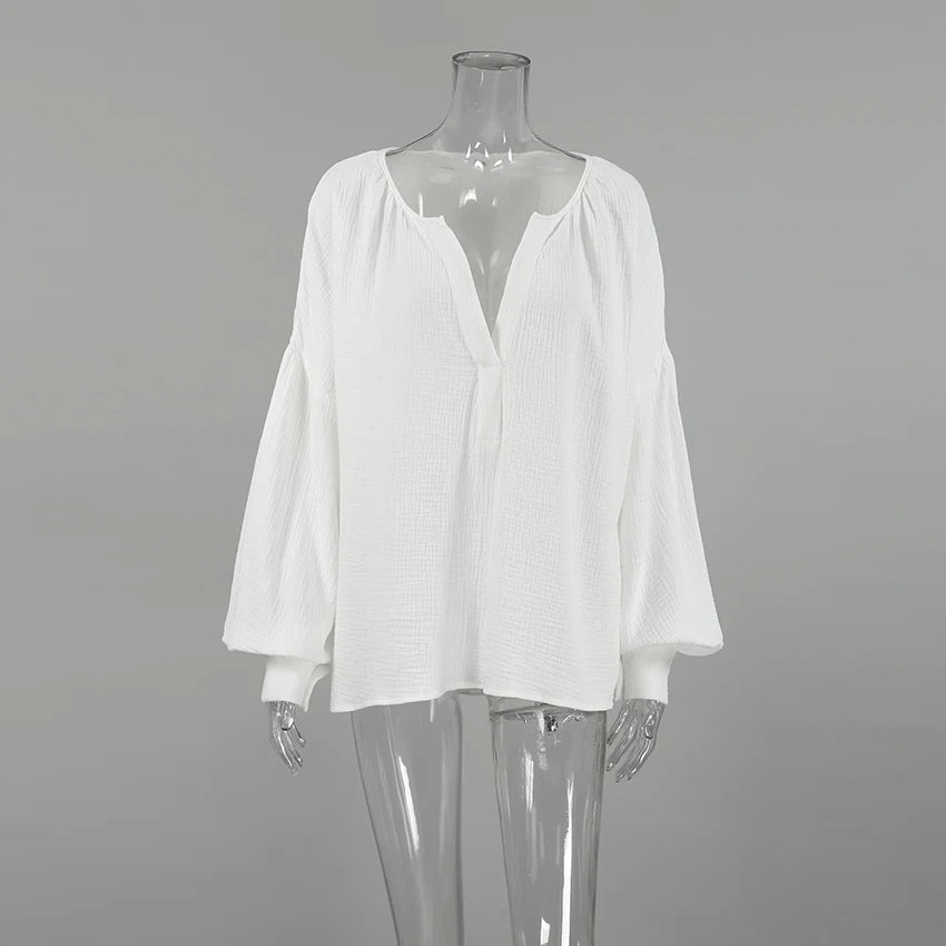 Casual Henley Neck Blouse with Drop Shoulders in Cotton | Dresses