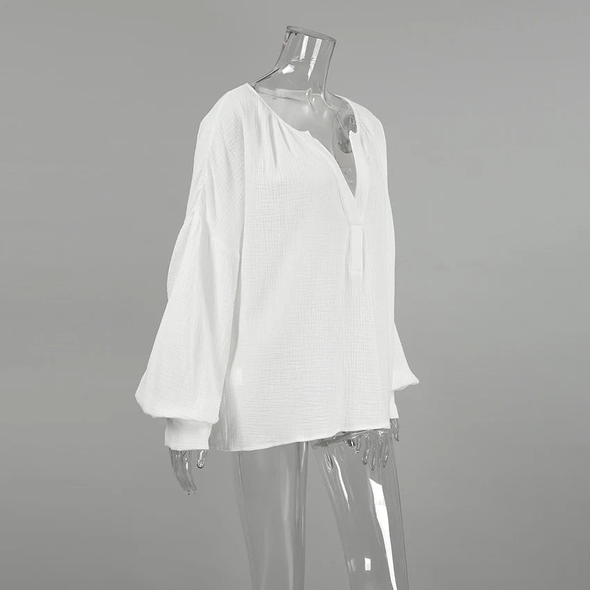 Casual Henley Neck Blouse with Drop Shoulders in Cotton | Dresses