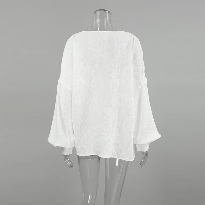 Casual Henley Neck Blouse with Drop Shoulders in Cotton | Dresses