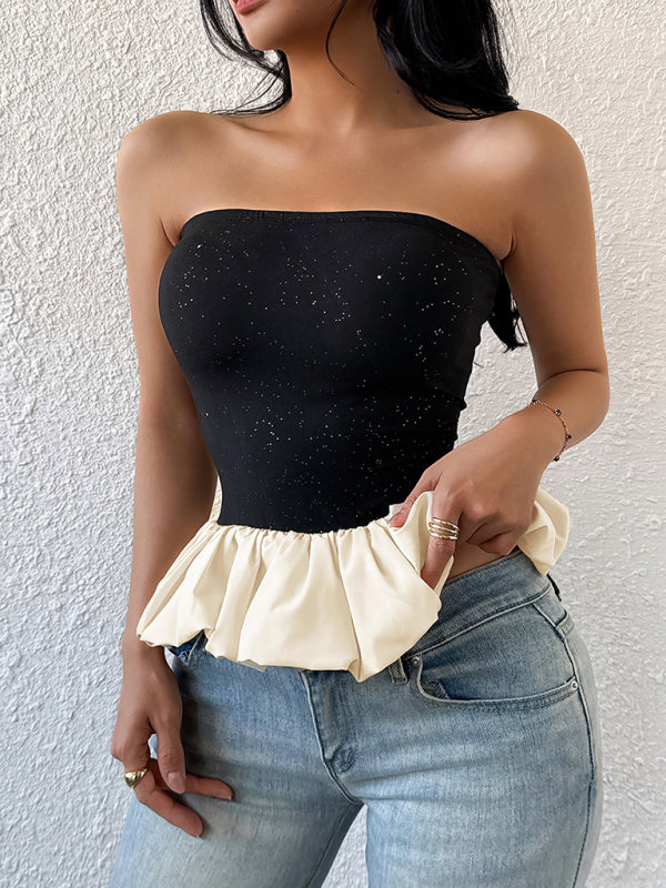 Glittery Black Tube Top with Peplum Ruffle | Tube Tops