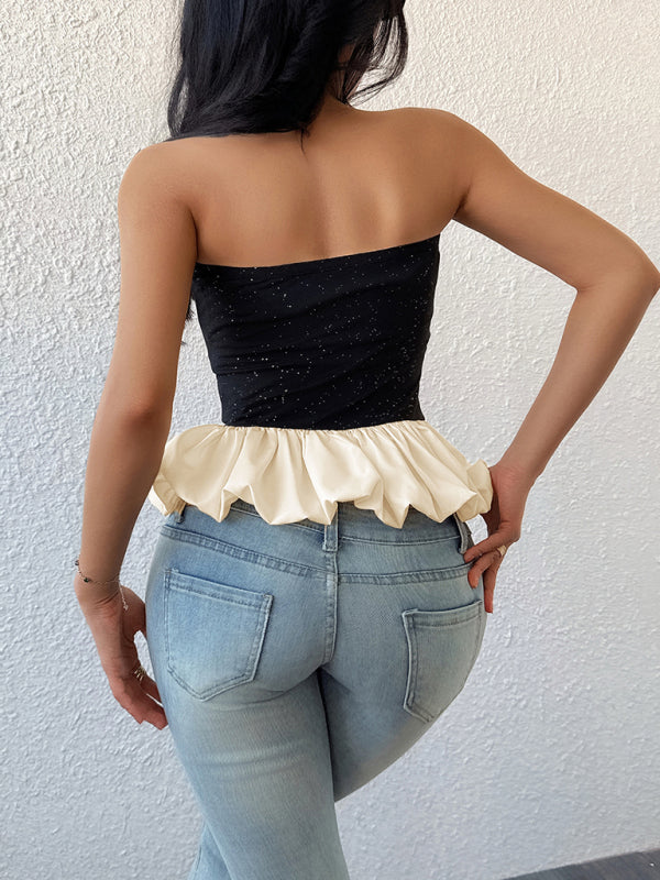 Glittery Black Tube Top with Peplum Ruffle | Tube Tops