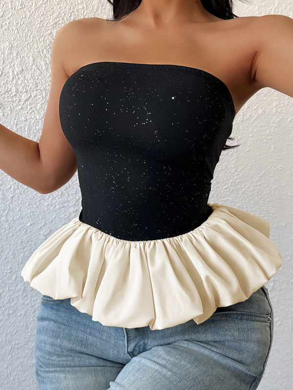 Glittery Black Tube Top with Peplum Ruffle | Tube Tops