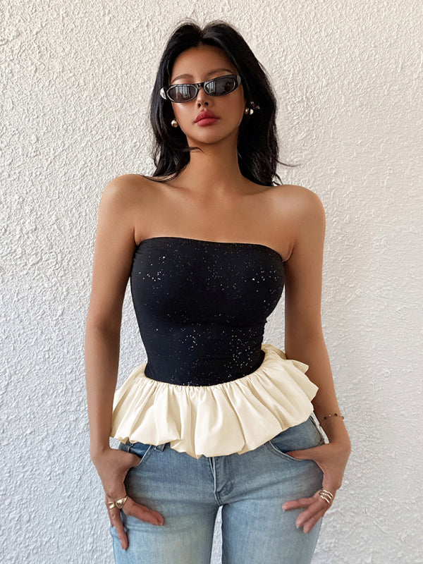 Glittery Black Tube Top with Peplum Ruffle | Tube Tops