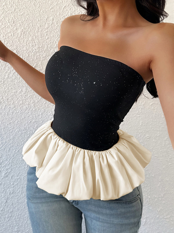 Glittery Black Tube Top with Peplum Ruffle | Tube Tops