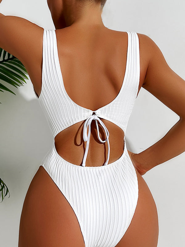 Scoop Neck Ribbed Swimsuit with Tie Back for Beach Days | swimwear