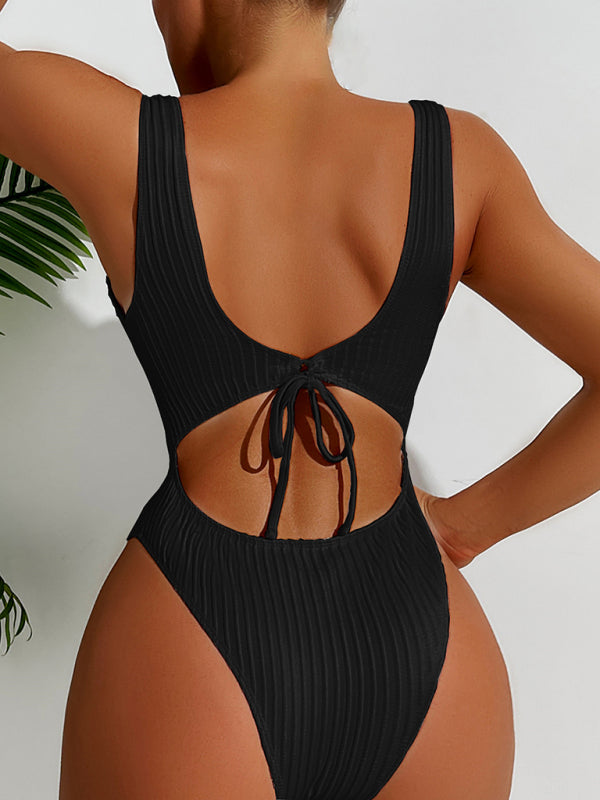 Scoop Neck Ribbed Swimsuit with Tie Back for Beach Days | swimwear