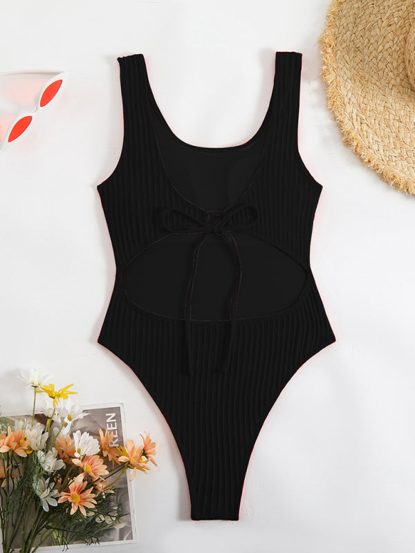 Scoop Neck Ribbed Swimsuit with Tie Back for Beach Days | swimwear