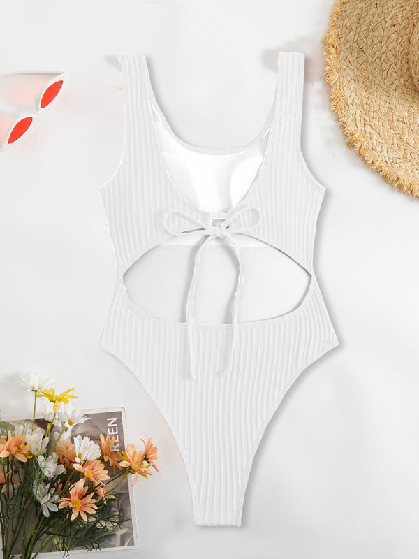 Scoop Neck Ribbed Swimsuit with Tie Back for Beach Days | swimwear