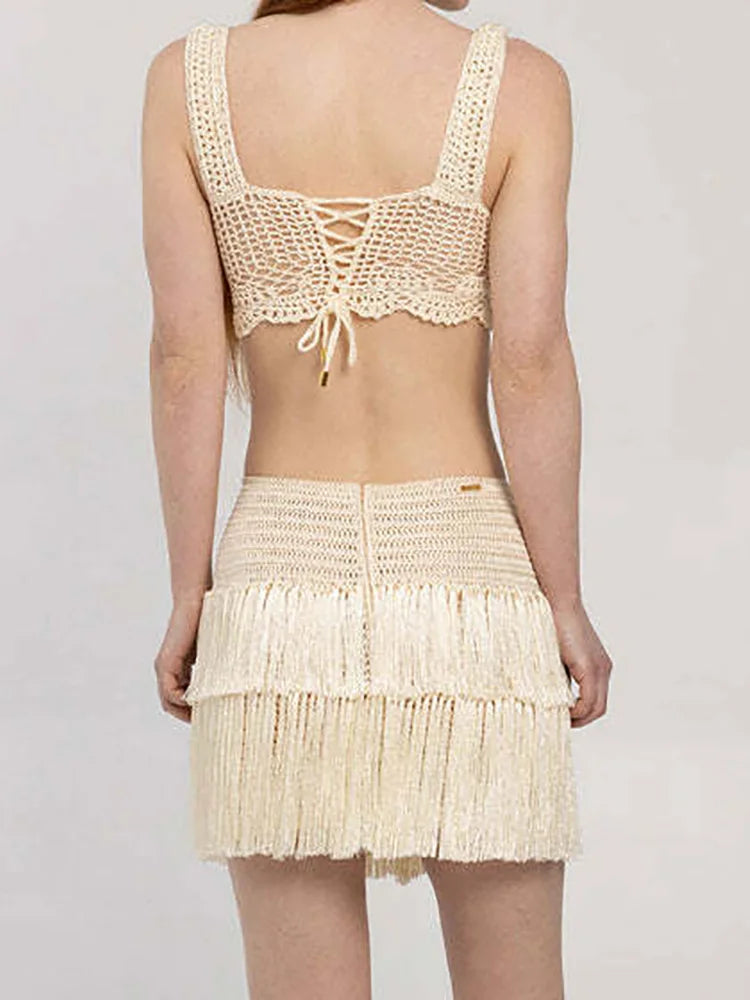 Crochet Sweetheart Top and Mini Skirt Set - Summer Knitwear | Skirt Sets