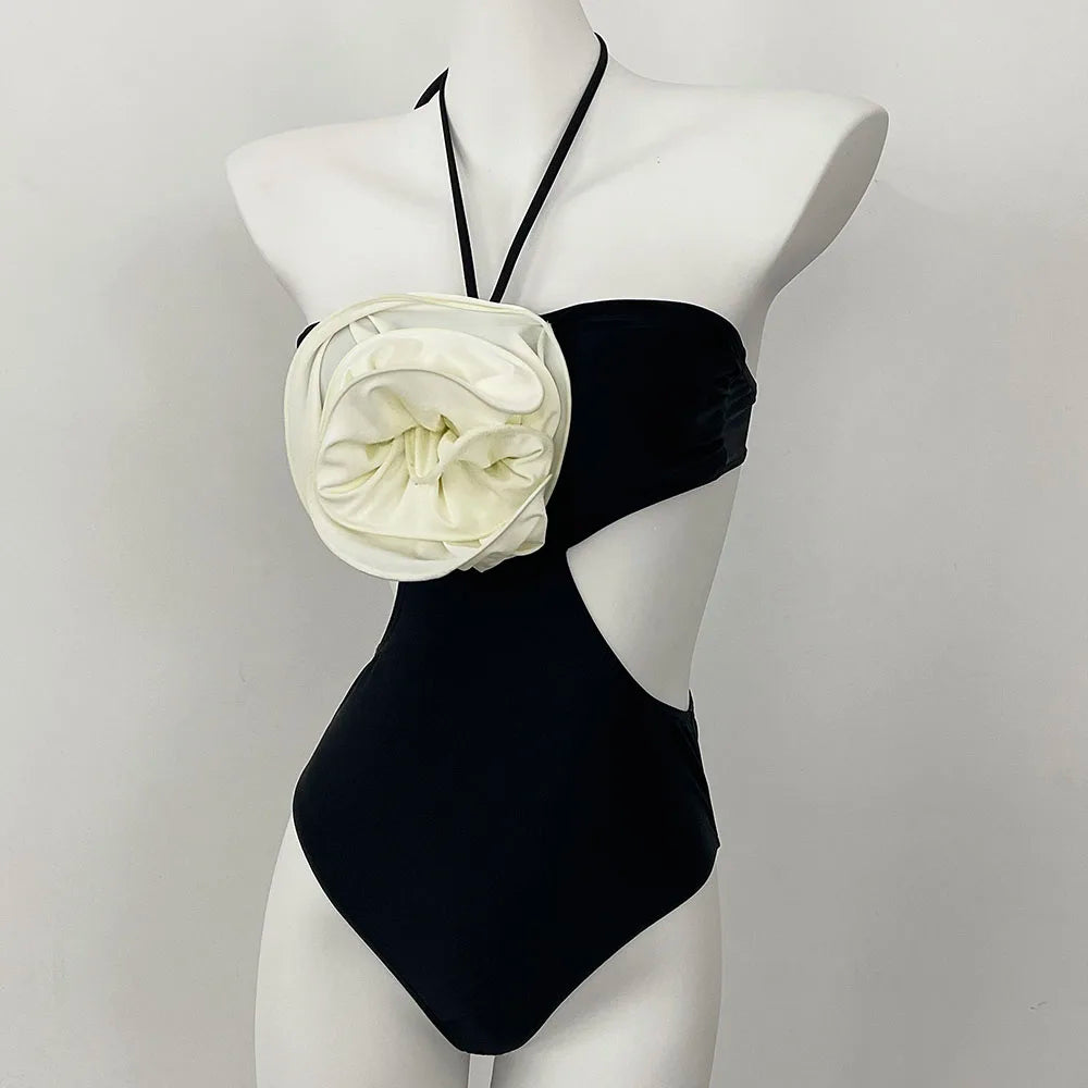 One-piece Swimsuit with White Flower Detail | Swimsuits