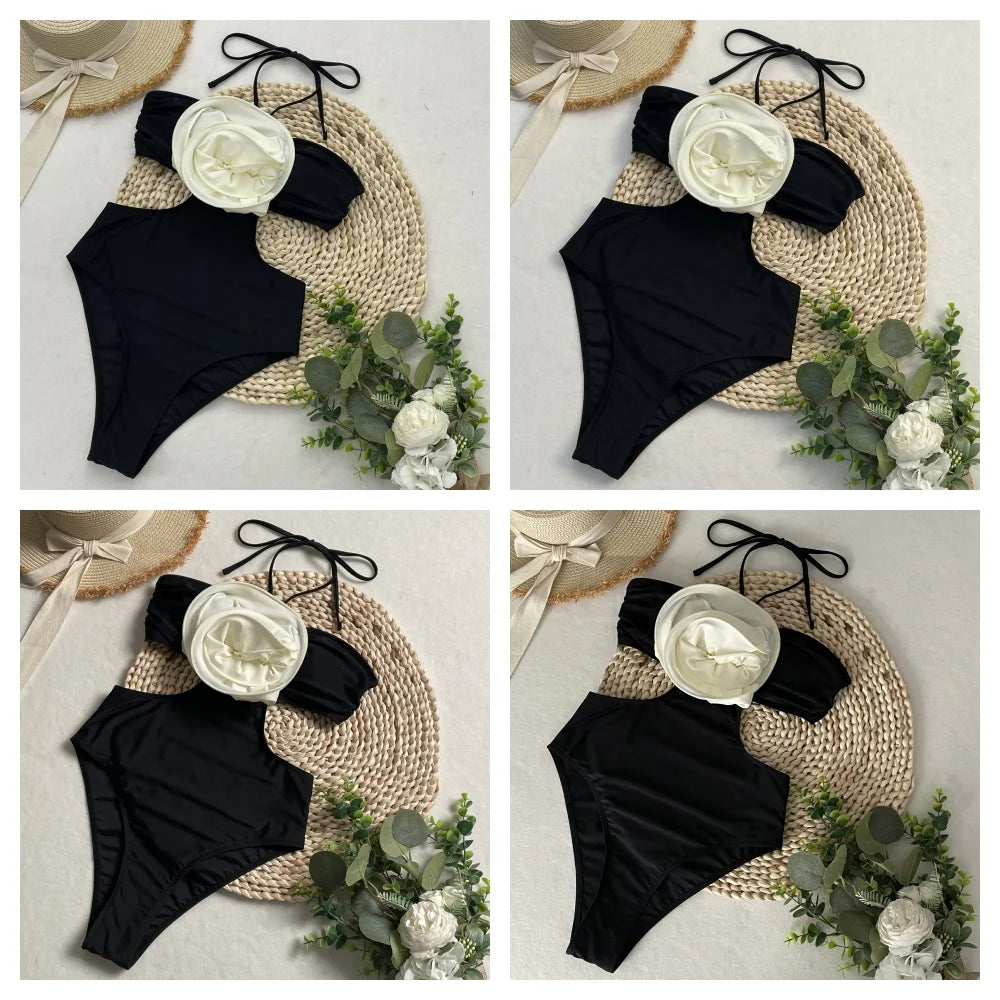 One-piece Swimsuit with White Flower Detail | Swimsuits