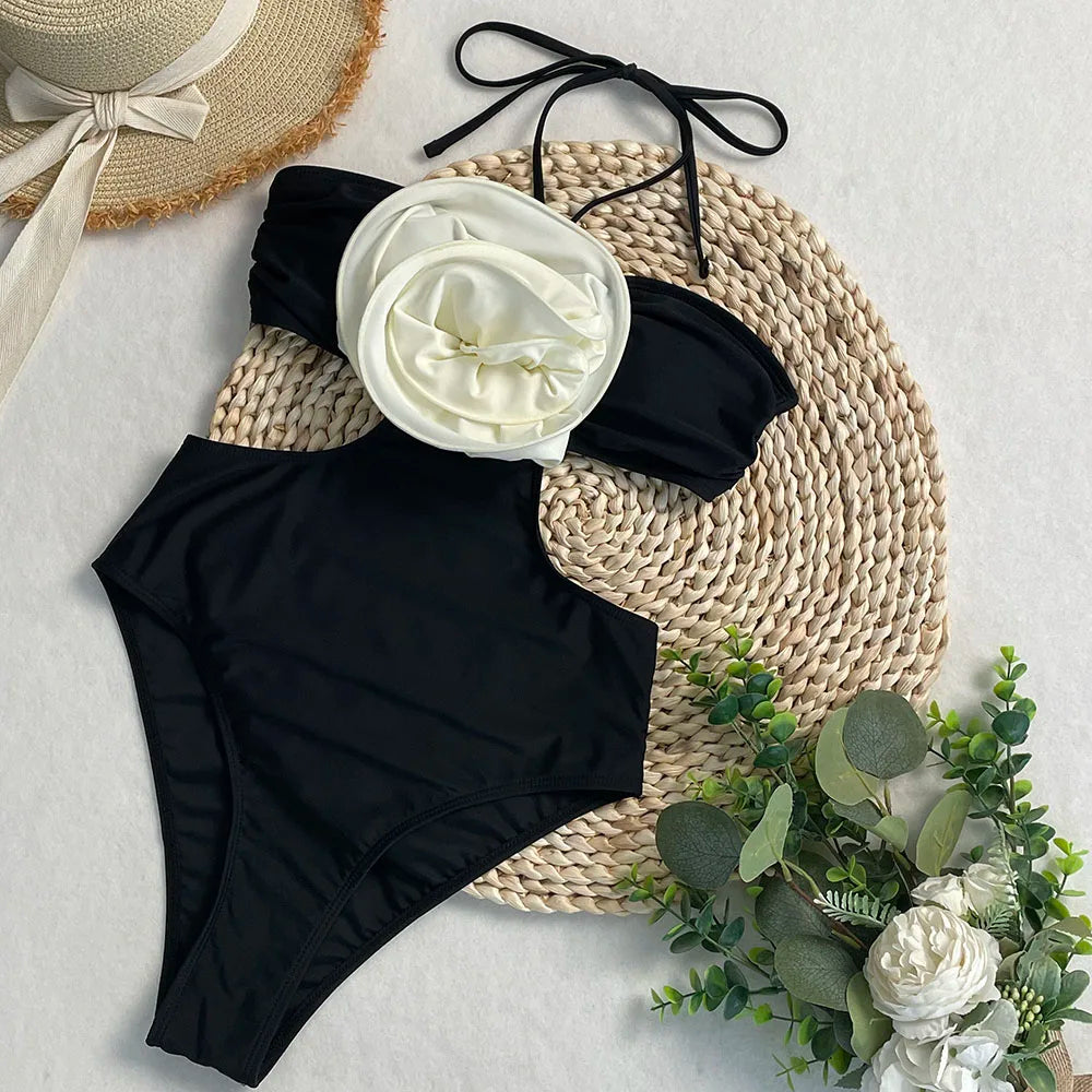 One-piece Swimsuit with White Flower Detail | Swimsuits