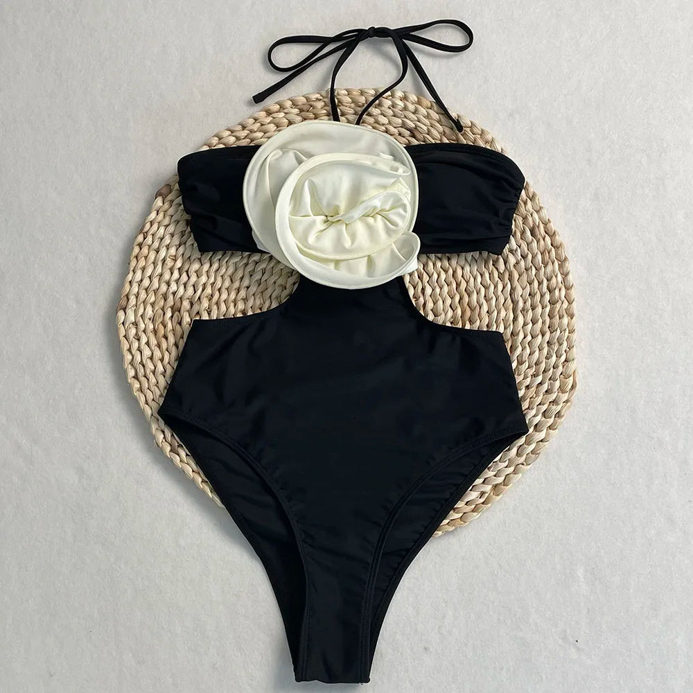 One-piece Swimsuit with White Flower Detail | Swimsuits