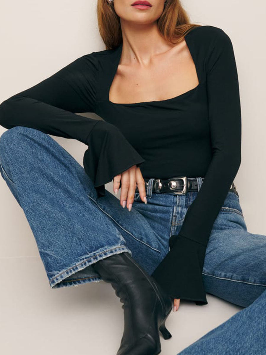 Square Neck Top with Elegant Bell Sleeves | Blouses