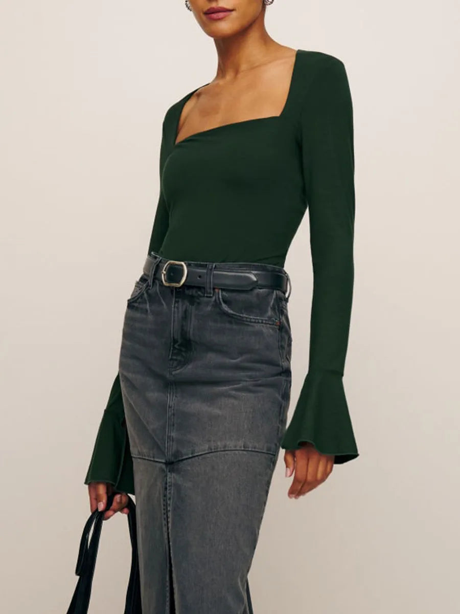 Square Neck Top with Elegant Bell Sleeves | Blouses