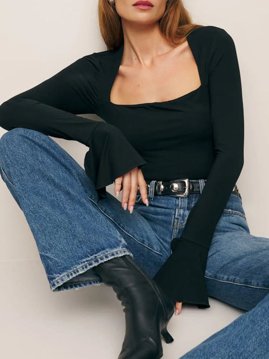 Square Neck Top with Elegant Bell Sleeves | Blouses