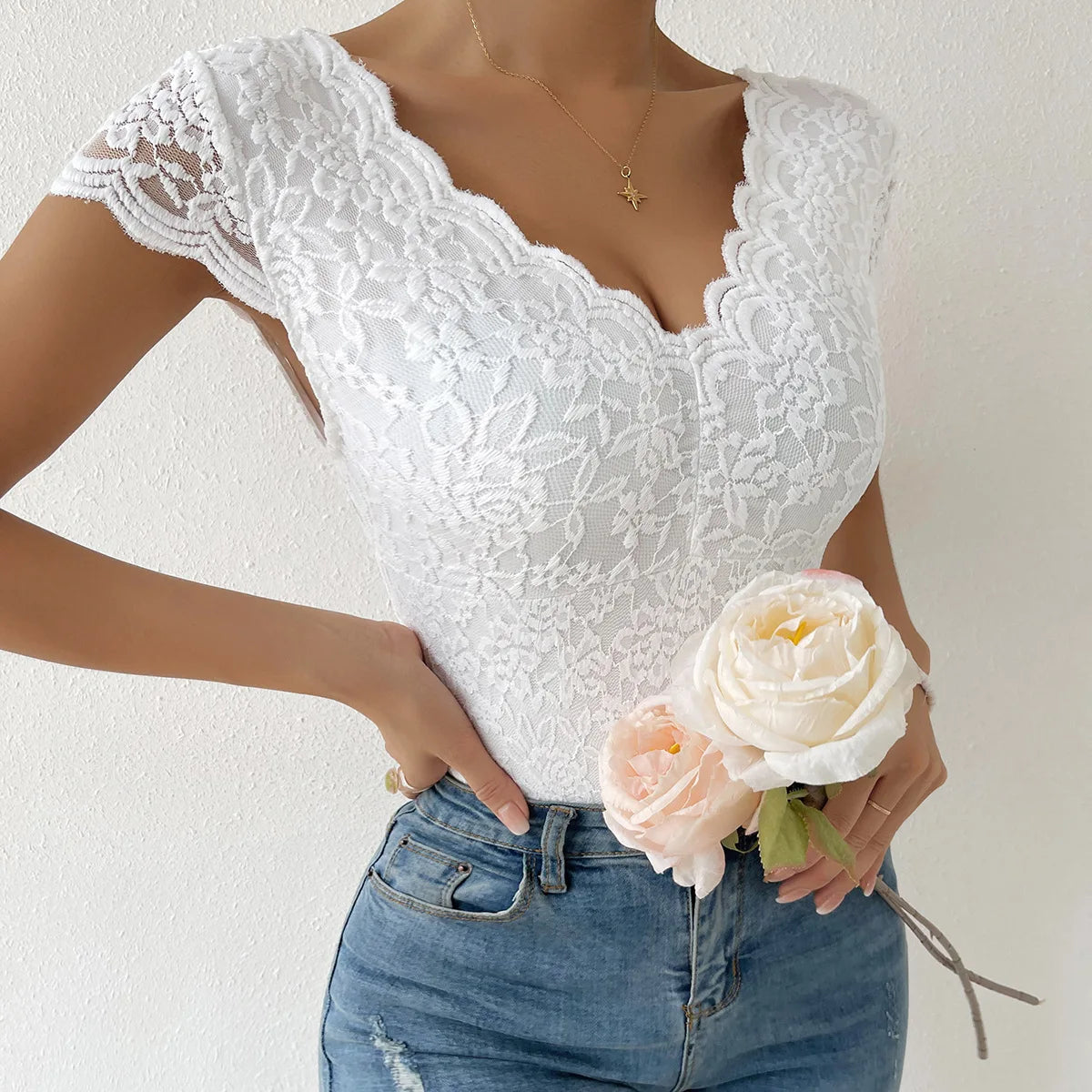 Lace Bodysuit with V-Back | Bodysuits