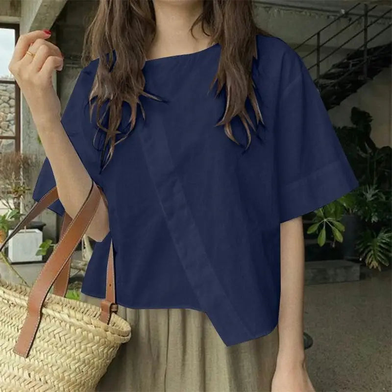 Asymmetric Casual Blouse with Keyhole Back | Blouses