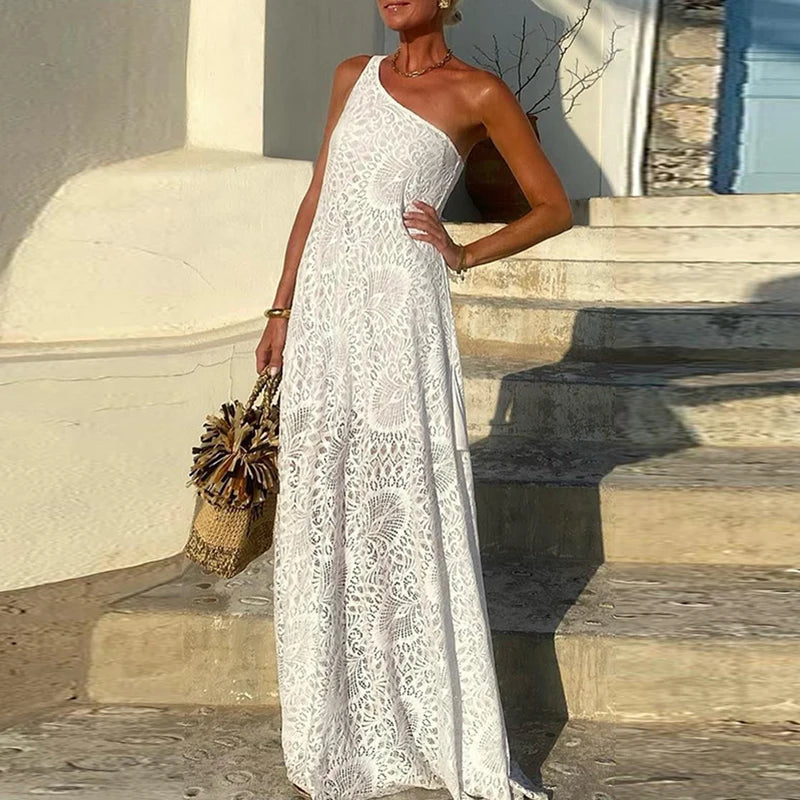 Summer One-Shoulder Embroidered Maxi Dress | Embroidery Dresses