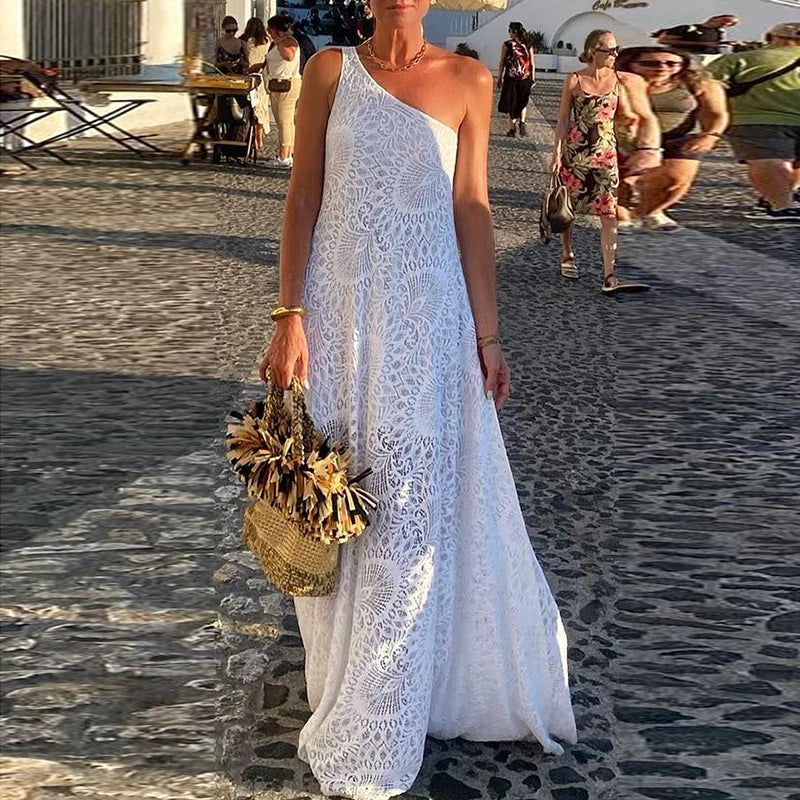 Summer One-Shoulder Embroidered Maxi Dress | Embroidery Dresses