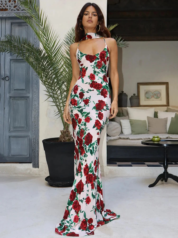 V-Neck Red Rose Evening Gown for Formal Events | Elegant Dresses