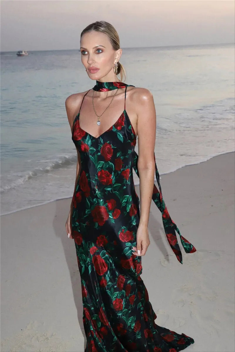 V-Neck Red Rose Evening Gown for Formal Events | Elegant Dresses