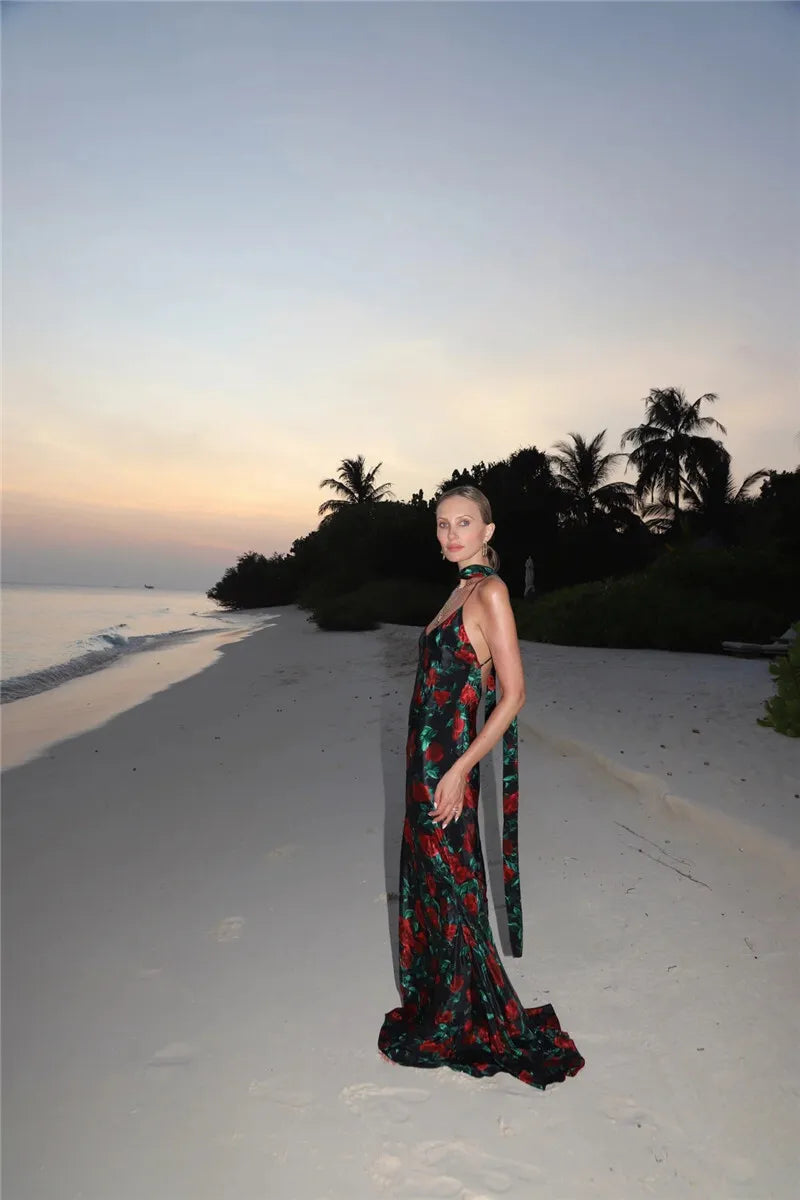 V-Neck Red Rose Evening Gown for Formal Events | Elegant Dresses