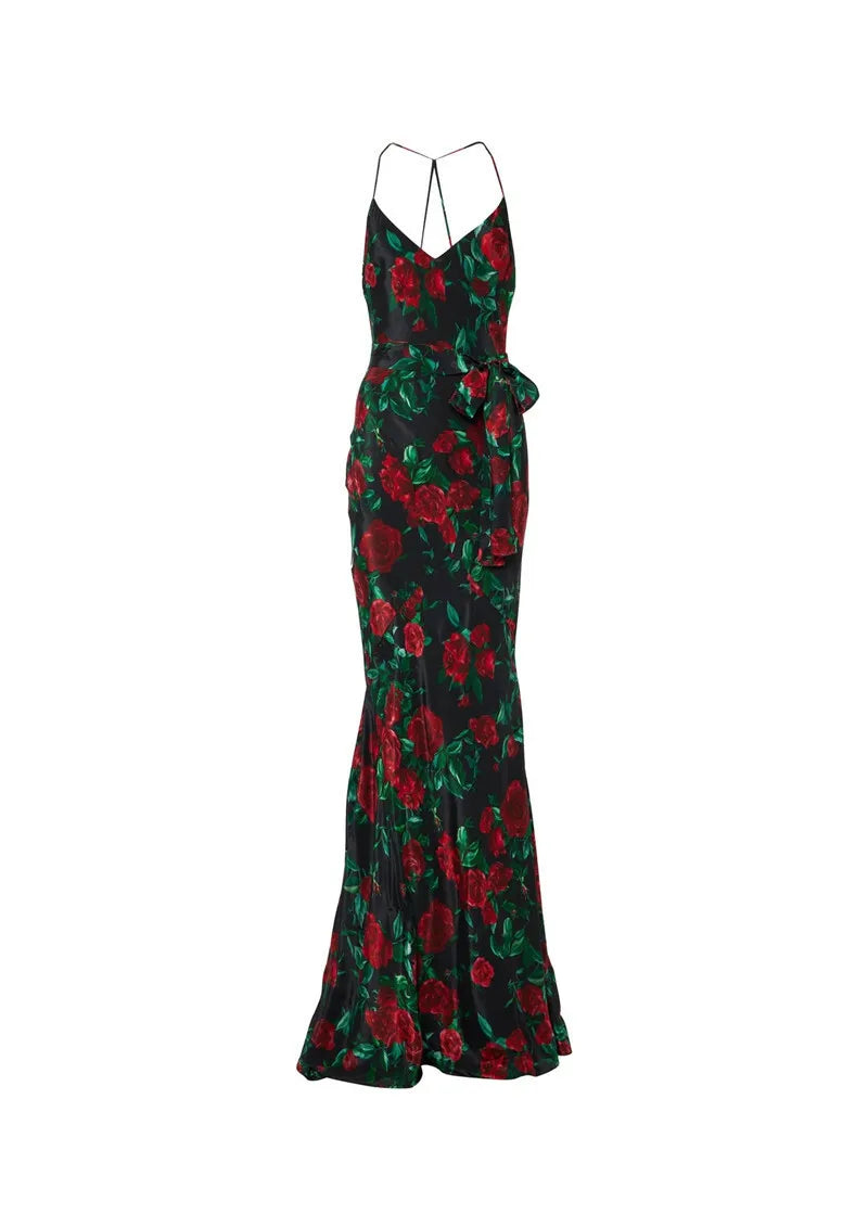 V-Neck Red Rose Evening Gown for Formal Events | Elegant Dresses