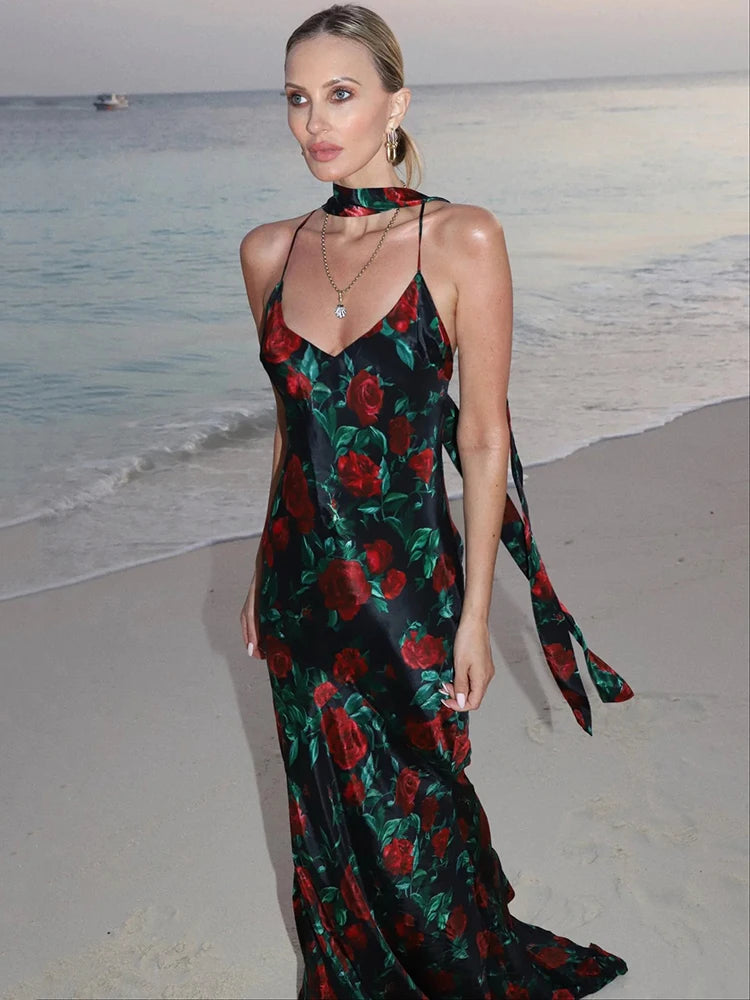 V-Neck Red Rose Evening Gown for Formal Events | Elegant Dresses